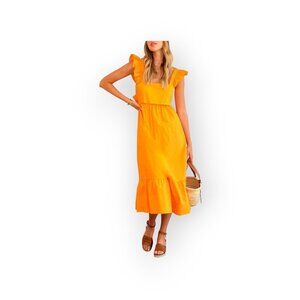 Adelyn Rae Orange Poplin Flutter Sleeve Squareneck Midi Dress L